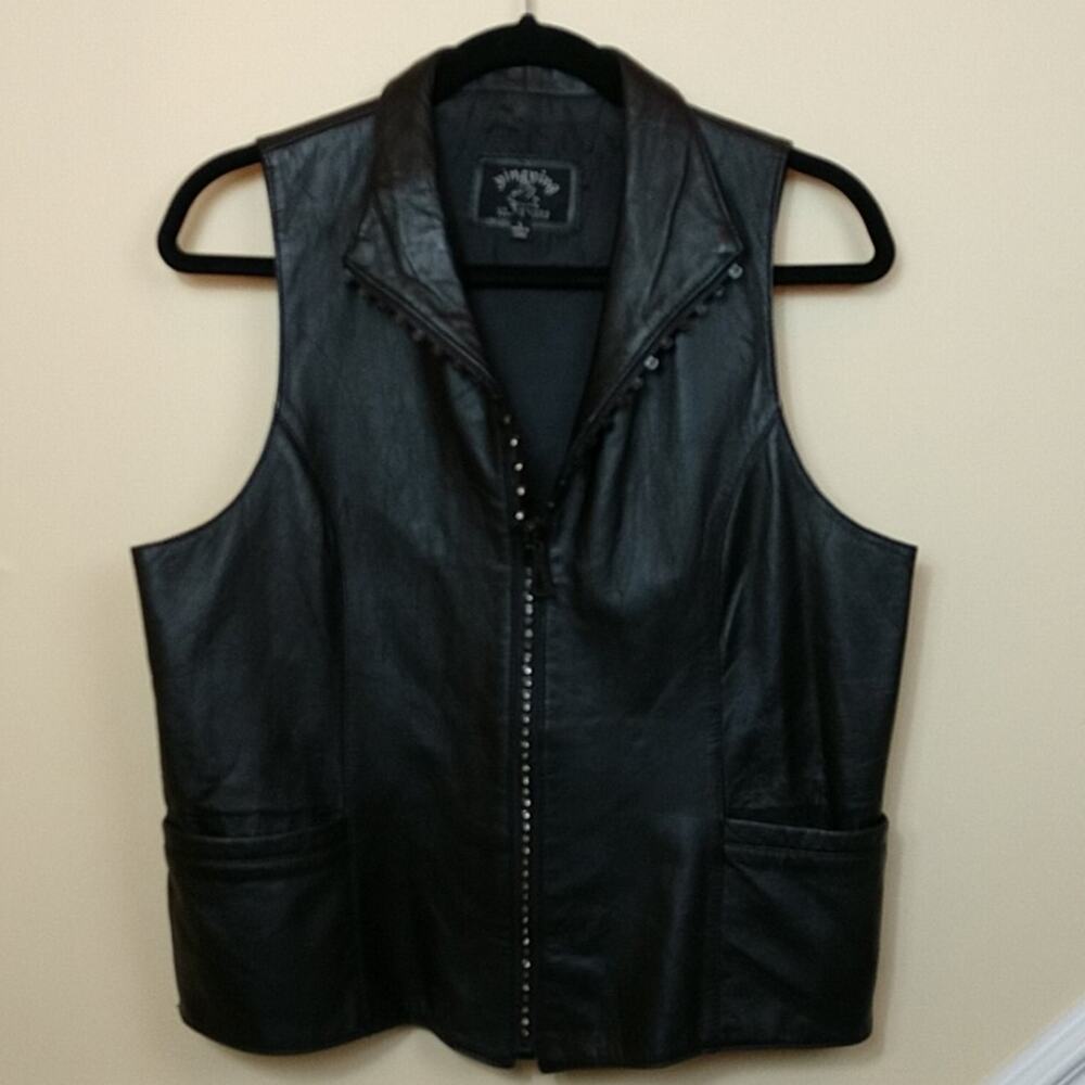 Ying Ying of Nevada Leather Vest w/ Rhinestone Zipper Size Large